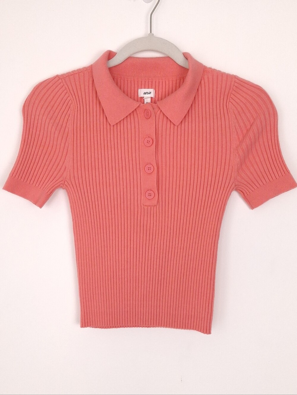 Aerie ribbed knit cropped polo tee wool blend preppy tennis layering feminine